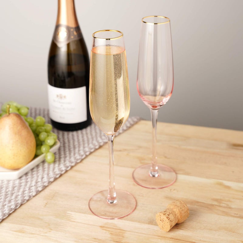 Twine Rose Crystal Champagne Flutes, Pink Tinted with Gold Rim, Elegant Champagne Glasses, Perfect for Sparkling Wine, Prosecco, Mocktails, Wedding Gifts, Housewarming, Home Bar, 8 oz, Set of 2 - Image 4